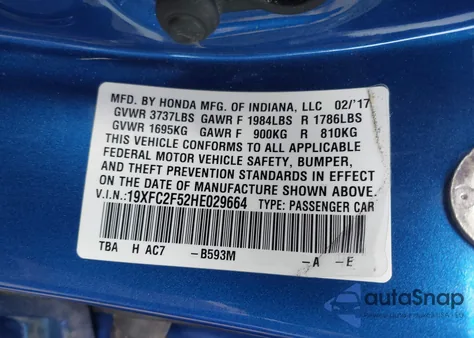 2017 Honda Civic Lx z USA, uszkodzony, nr VIN 19XFC2F52HE029664